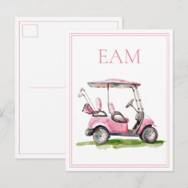 Preppy Roze Golfkar Monogram Briefkaart