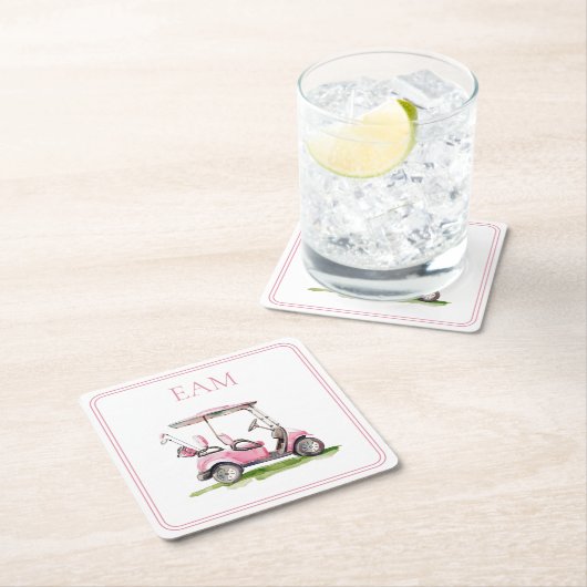Preppy roze golfkar Monogram Kartonnen Onderzetters (Insitu)
