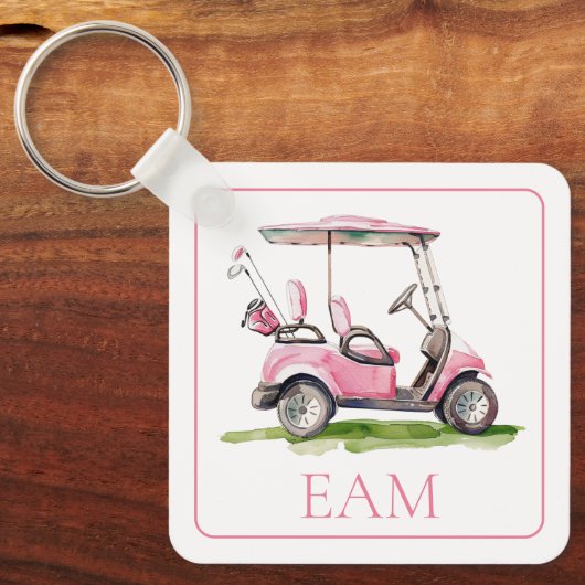 Preppy roze golfkar Monogram Sleutelhanger (Voorkant)