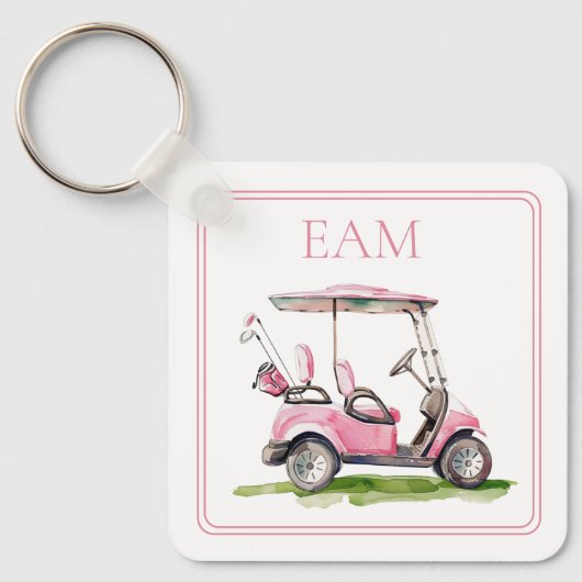Preppy roze golfkar Monogram Sleutelhanger (Voorkant)