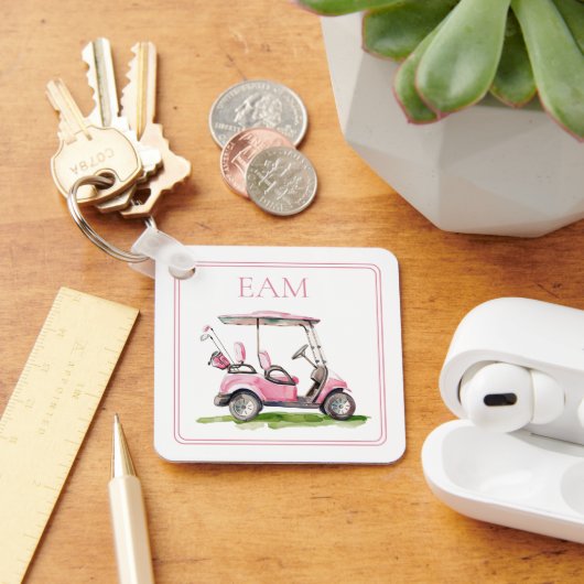 Preppy roze golfkar Monogram Sleutelhanger (Bureau)