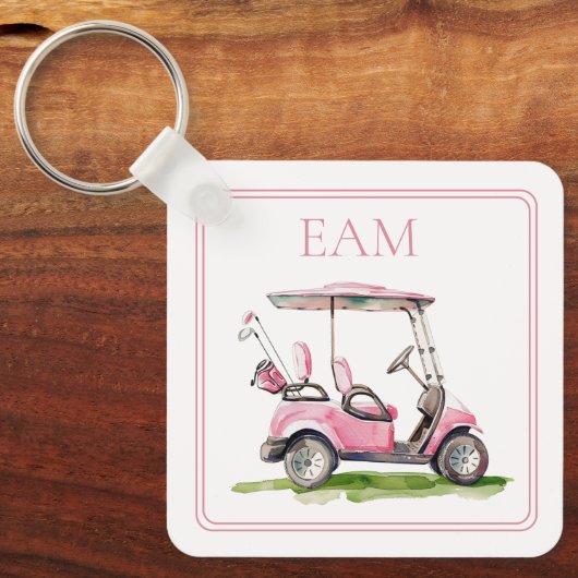 Preppy roze golfkar Monogram Sleutelhanger (Voorkant)