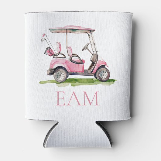 Preppy Roze Golfkar Monogrammed Blikjeskoeler (Voorkant)