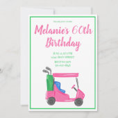 Preppy roze golfkar verjaardagsfeestje kaart (Voorkant)