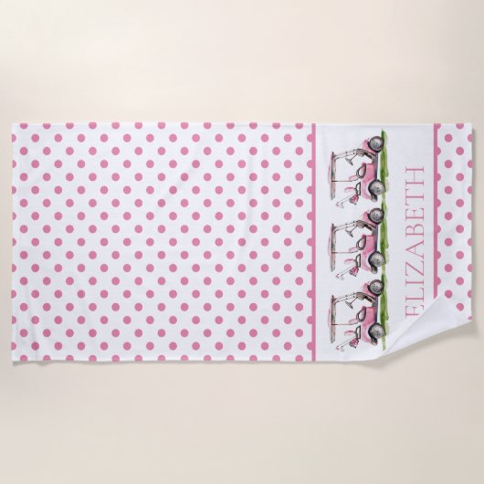 Preppy Roze Golfkarren op Polka Dots Gepersonalise Strandlaken (Voorkant)