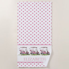 Preppy Roze Golfkarren op Polka Dots Gepersonalise Strandlaken