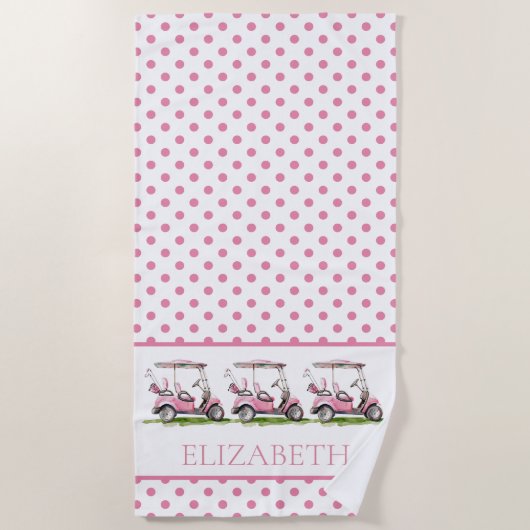 Preppy Roze Golfkarren op Polka Dots Gepersonalise Strandlaken (Voorkant)