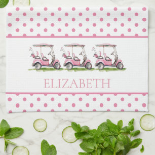 Preppy Roze Golfkarren op Polka Dots Gepersonalise Theedoek