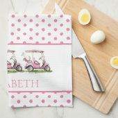 Preppy Roze Golfkarren op Polka Dots Gepersonalise Theedoek (Quarter Fold)