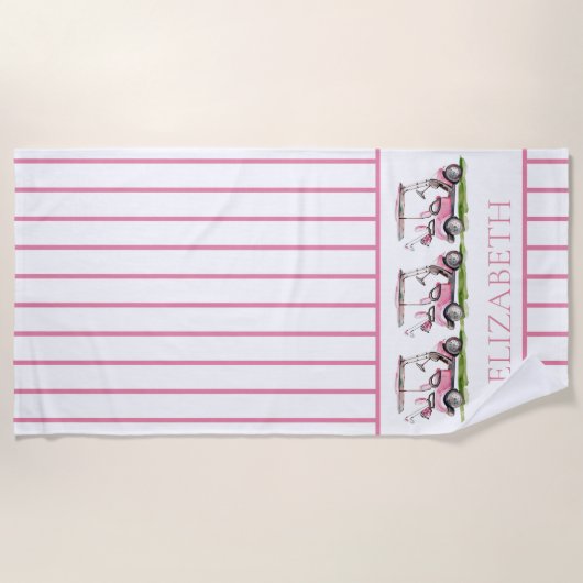 Preppy roze golfkarretjes gepersonaliseerd strandlaken (Voorkant)