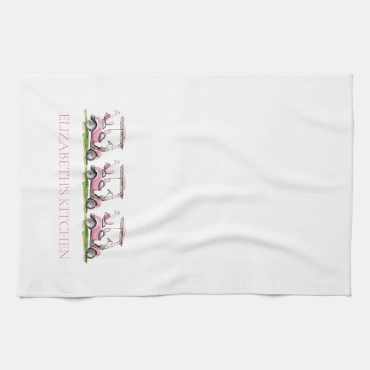 Preppy roze golfkarretjes gepersonaliseerd theedoek (Horizontaal)
