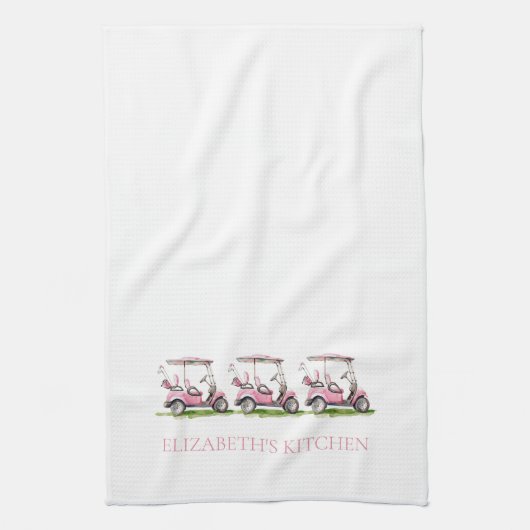 Preppy roze golfkarretjes gepersonaliseerd theedoek (Verticaal)