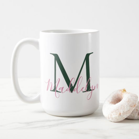 Preppy Roze & Groen Aangepaste Initiële Monogram Koffiemok (Met donut)