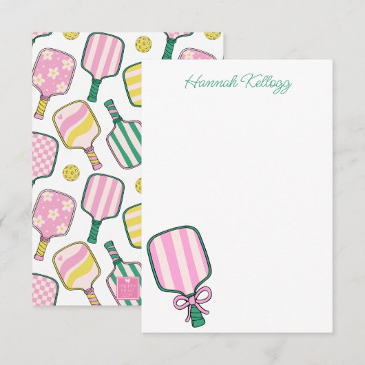 Preppy Roze Groen & Geel Pickleball Gepersonalisee Bedankkaart (Voorkant / Achterkant)