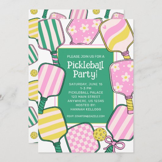 Preppy Roze Groen & Geel Pickleball Kaart (Voorkant / Achterkant)