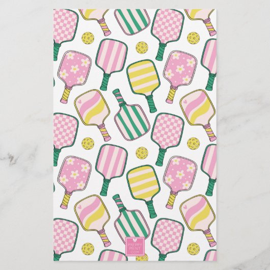 Preppy Roze Groen & Geel Pickleball Monogram Briefpapier (Achterkant)