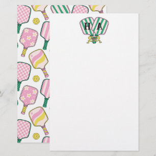 Preppy Roze Groen & Geel Pickleball Monogram Briefpapier