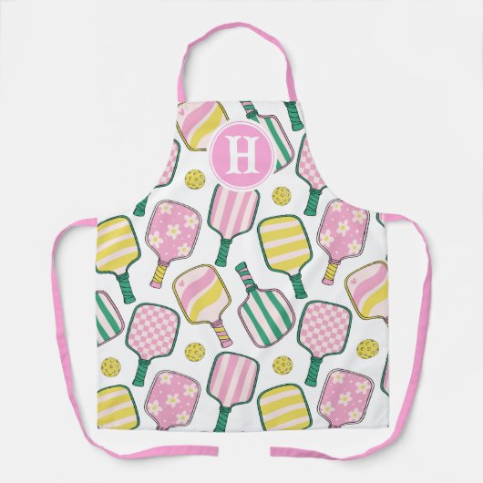 Preppy Roze Groen & Geel Pickleball Monogram Schort (Voorkant)
