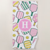 Preppy Roze Groen & Geel Pickleball Monogram Strandlaken (Voorkant)