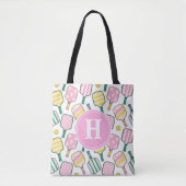 Preppy Roze Groen & Geel Pickleball Monogram Tote Bag (Voorkant)