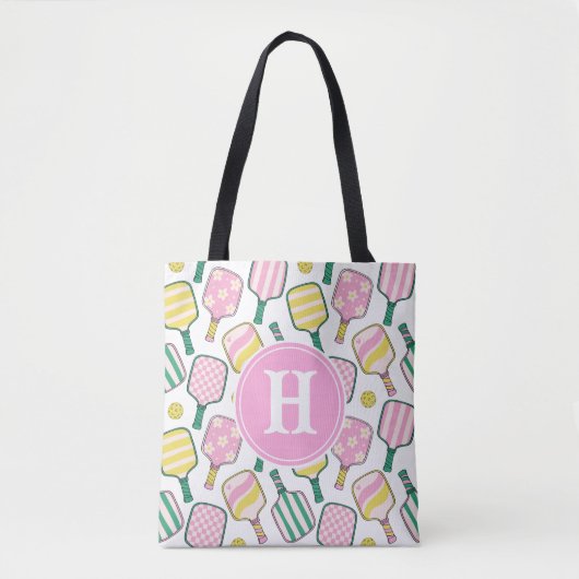 Preppy Roze Groen & Geel Pickleball Monogram Tote Bag (Voorkant)