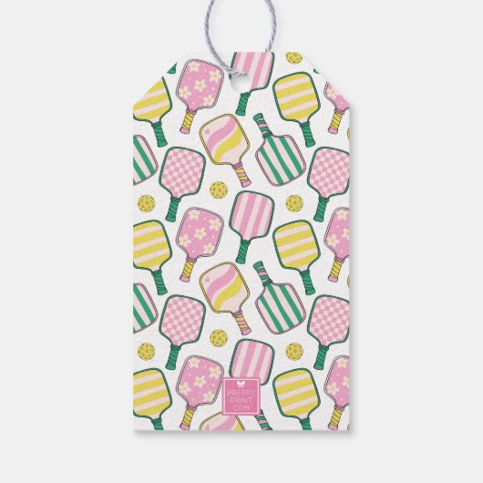 Preppy Roze Groen & Geel Pickleball Paddles Cadeaulabel (Achterkant)