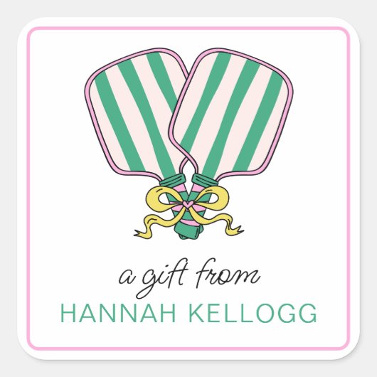 Preppy Roze Groen & Geel Pickleball Paddles Gift Vierkante Sticker (Voorkant)