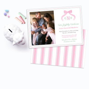 Preppy Roze Groen Monogram Welkom Baby Meisje Foto Aankondiging