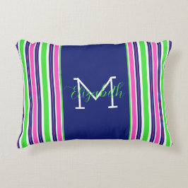 Preppy Roze Groen Navy Blauwe Streep Monogram Accent Kussen