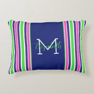 Preppy Roze Groen Navy Blauwe Streep Monogram Accent Kussen