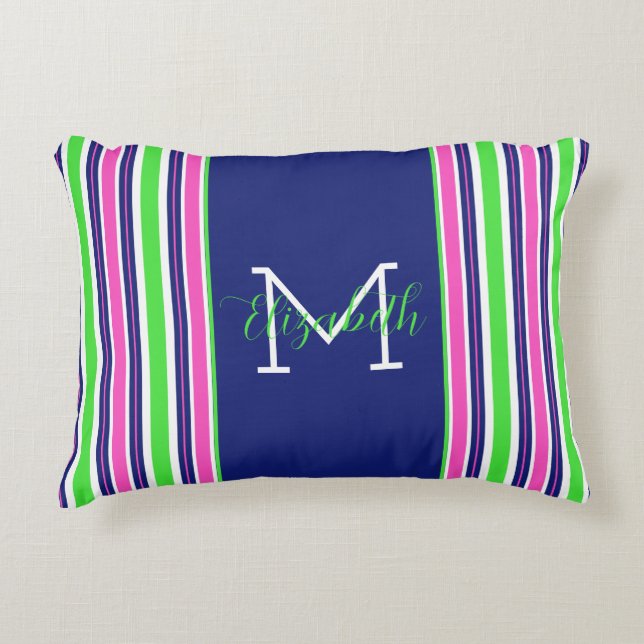 Preppy Roze Groen Navy Blauwe Streep Monogram Accent Kussen (Voorkant)