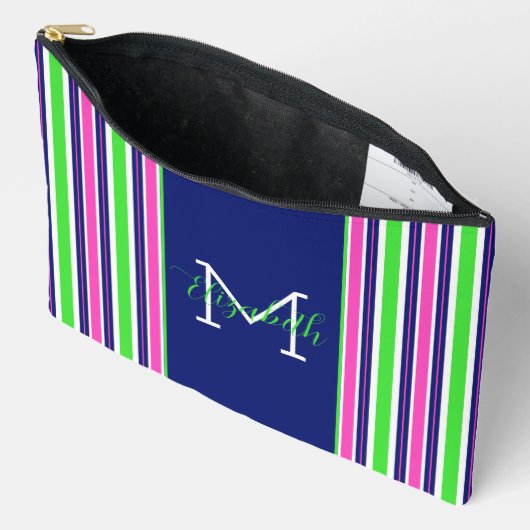 Preppy Roze Groen Navy Blauwe Streep Monogram Etui (Open)