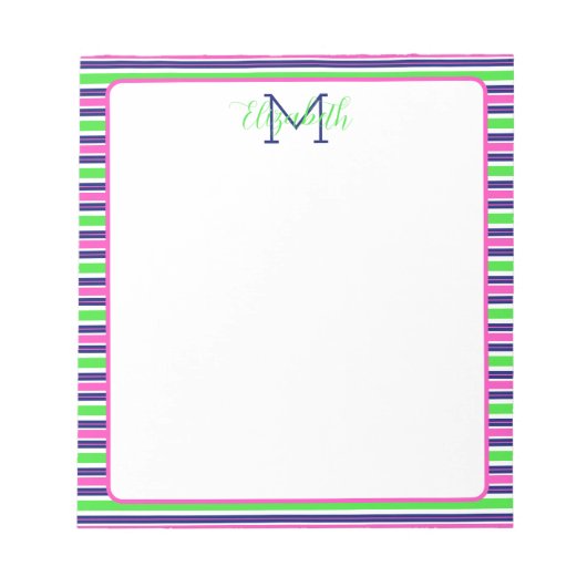 Preppy Roze Groen Navy Blauwe Streep Monogram Notitieblok (Voorkant)