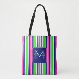 Preppy Roze Groen Navy Blauwe Streep Monogram Tote Bag