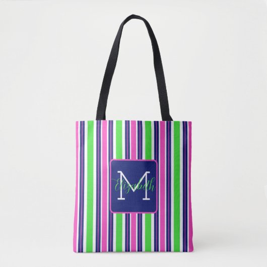 Preppy Roze Groen Navy Blauwe Streep Monogram Tote Bag (Voorkant)