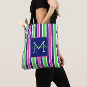 Preppy Roze Groen Navy Blauwe Streep Monogram Tote Bag (Dichtbij)