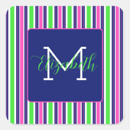 Preppy Roze Groen Navy Blauwe Streep Monogram Vierkante Sticker