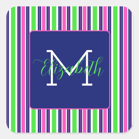 Preppy Roze Groen Navy Blauwe Streep Monogram Vierkante Sticker (Voorkant)