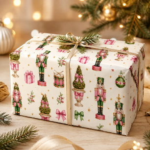 Preppy Roze Groene Aquarel Notenkraker Kerstmis Cadeaupapier