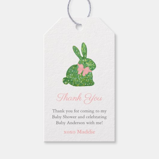 Preppy Roze Groene Boxwood Bunny Baby Meisje Douch Cadeaulabel (Voorkant)