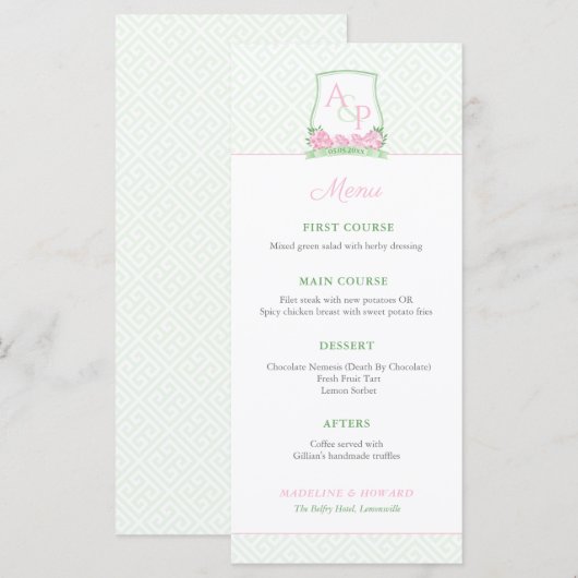 Preppy Roze Groene Couples Crest Wedding Shower Menu (Voorkant / Achterkant)