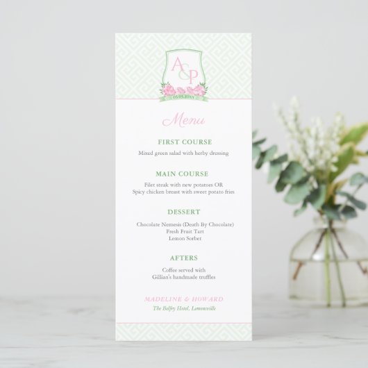 Preppy Roze Groene Couples Crest Wedding Shower Menu (Staand voorkant)