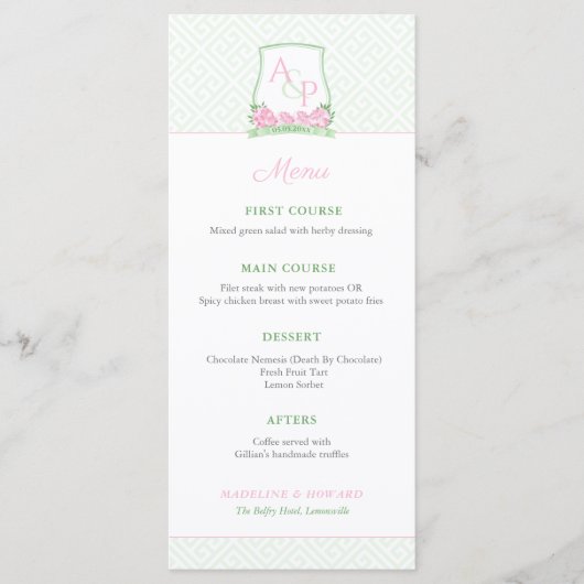 Preppy Roze Groene Couples Crest Wedding Shower Menu (Voorkant)