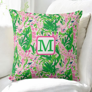 Preppy Roze Groene Giraffe Patroon Monogram Kussen