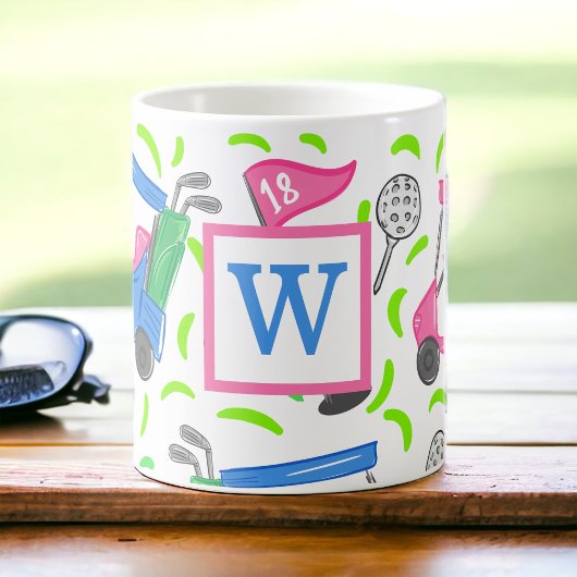 Preppy Roze Groene Golfkar Personalized Monogram Koffiemok