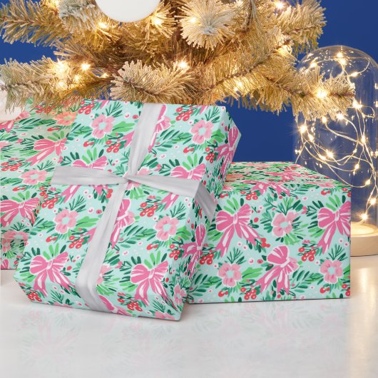 Preppy Roze & Groene Kerst Bogen & Garland Cadeaupapier (Feestdagen)