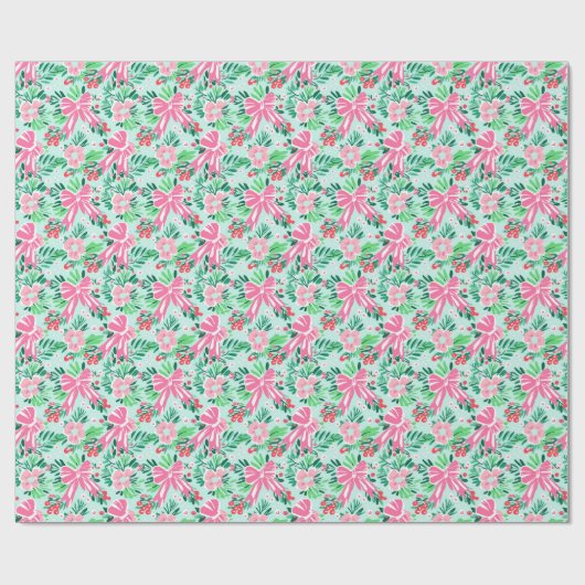 Preppy Roze & Groene Kerst Bogen & Garland Cadeaupapier (Vlak)