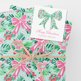 Preppy Roze & Groene Kerst Bow Gift Behuizing Notitiekaartje