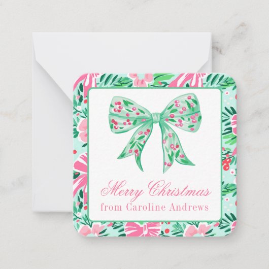 Preppy Roze & Groene Kerst Bow Gift Behuizing Notitiekaartje