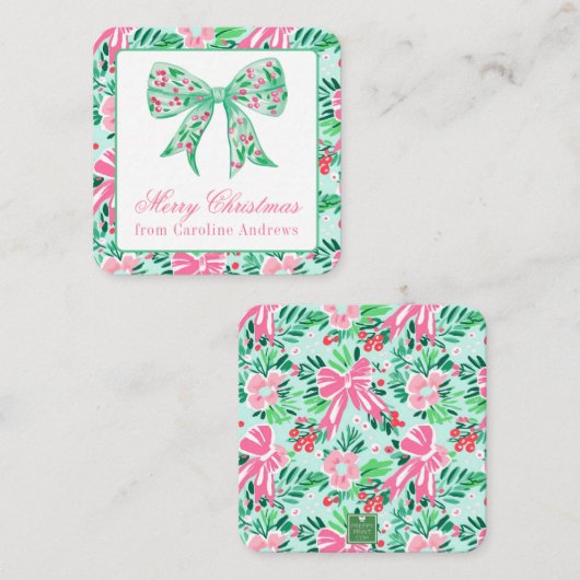 Preppy Roze & Groene Kerst Bow Gift Behuizing Notitiekaartje (Voorkant / Achterkant)